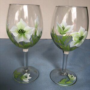 SET of 2 Handpainted Floral Wine Glasses #AF